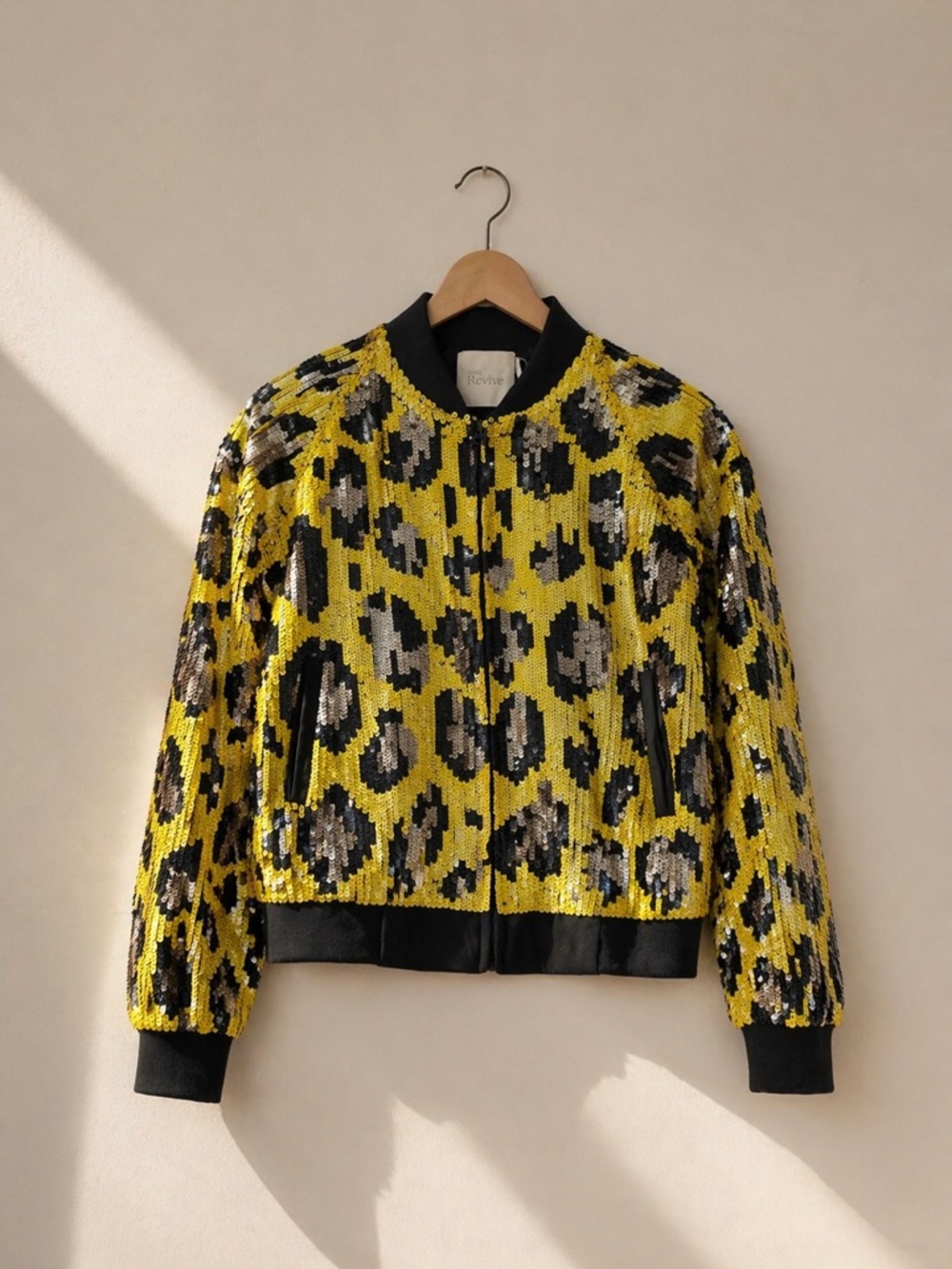 ASOS Revive Yellow Leopard Sequin Bomber Jacket NWT  Glam Party Jacket Size US 2